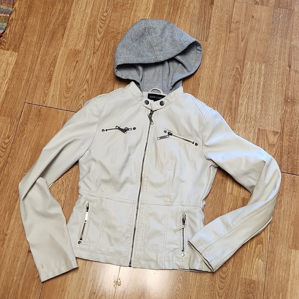 New Look cream faux leather hooded moto jacket sz small